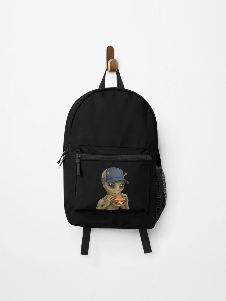 Thumbnail 1 of 3, Backpack, Cool alien eats burger designed and sold by ReneMM.