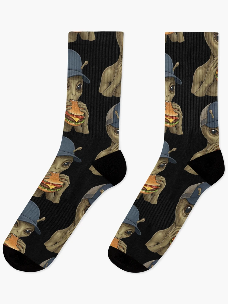 Thumbnail 1 of 5, Socks, Cool alien eats burger designed and sold by ReneMM.