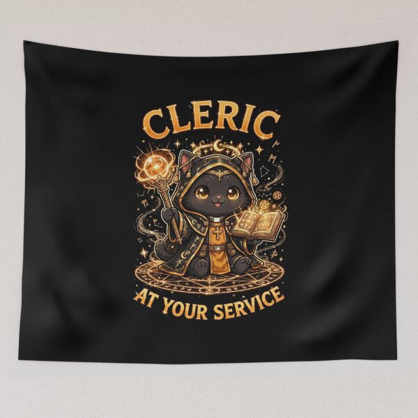 Item preview, Cleric At Your Service Cute Black Cat RPG Gamer designed and sold by Neon Bones Studio.