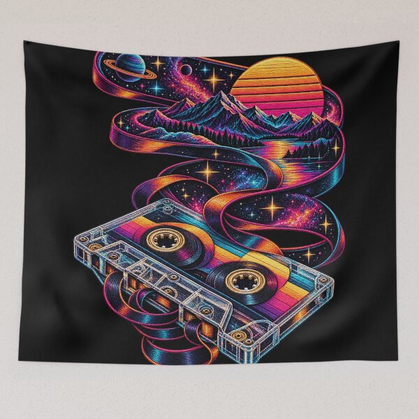 Item preview, Retro Synthwave Cassette Galaxy Mountain Embroidered 80s Design designed and sold by Emoji Emblems.