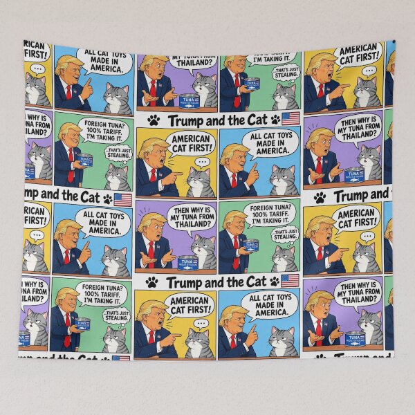 Item preview, American Cat First? A Grumpy Cat, a Can of Tuna, and a Tariff – Political Cartoon designed and sold by SammyMorry.