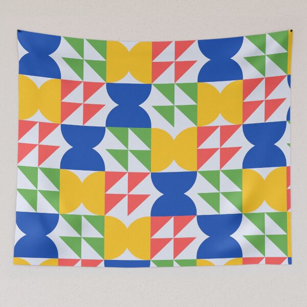 Item preview, Bold Retro Geometric Pattern in Blue, Yellow, Green and Coral Red | Mid Century Modern Abstract Shapes Print designed and sold by PatternXOXO.