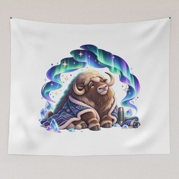 Item preview, Sleepy Musk Ox Northern Lights Aurora Animal Art for Shirts Stickers Mugs and Gifts designed and sold by The Tired Animal Club.