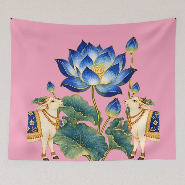 Item preview,  Blue Lotus Pichwai Art with Sacred Cows- Indian Wall Decor designed and sold by ShreecreatE.