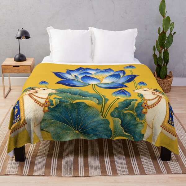 Item preview, Blue Lotus Pichwai Art with Sacred Cows- Indian Wall Decor designed and sold by ShreecreatE.