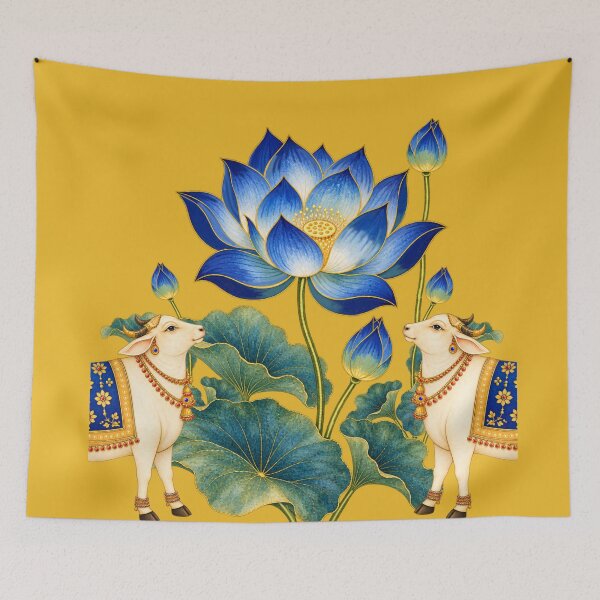 Item preview, Blue Lotus Pichwai Art with Sacred Cows- Indian Wall Decor designed and sold by ShreecreatE.
