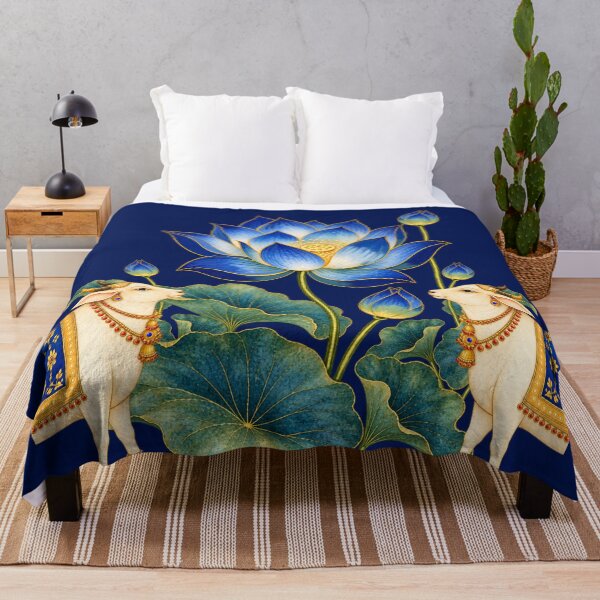 Item preview, Blue Lotus Pichwai Art with Sacred Cows- Indian Wall Decor designed and sold by ShreecreatE.