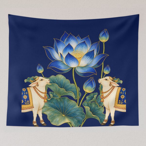 Item preview, Blue Lotus Pichwai Art with Sacred Cows- Indian Wall Decor designed and sold by ShreecreatE.