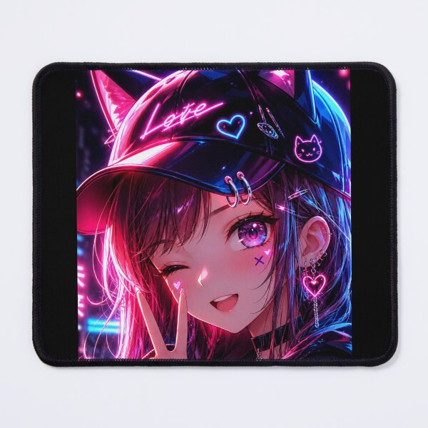 Item preview, Neon Kawaii Anime Girl with Cat Ear Hat – Cyberpunk Pink Blue Aesthetic designed and sold by inkvera9.