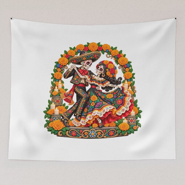 Item preview, Day of the Dead Dancing Skeleton Couple Floral Art designed and sold by LandFinStudio.