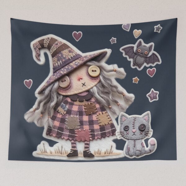 Item preview, Cute Felt Witch Cat Bat Magical Halloween Art designed and sold by KPT Art & Design.