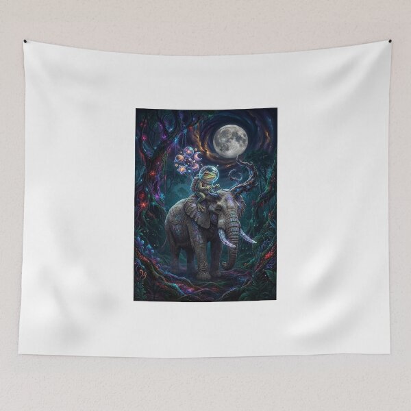 Item preview, Cosmic Frog Riding Elephant Space Balloons Pop Surrealism designed and sold by Rain-Road.