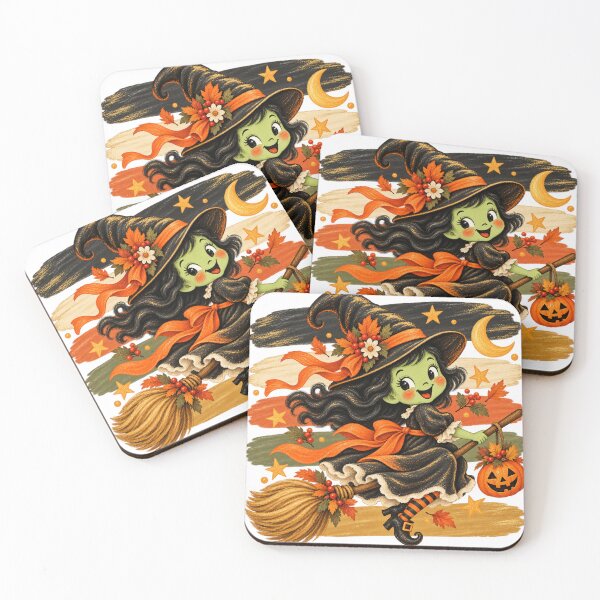 Item preview, Vintage Halloween Witch on Broomstick – Cute Retro Witch with Pumpkin, Moon and Autumn Leaves designed and sold by SezzyDesigns.