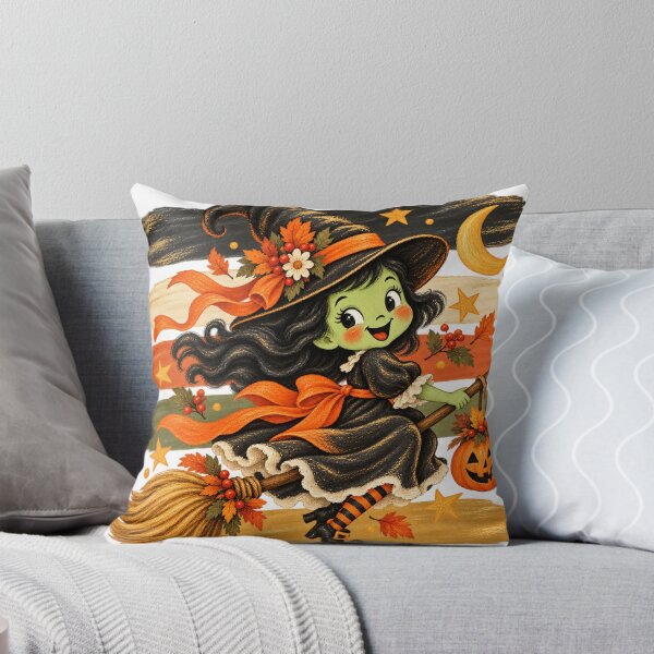 Item preview, Vintage Halloween Witch on Broomstick – Cute Retro Witch with Pumpkin, Moon and Autumn Leaves designed and sold by SezzyDesigns.