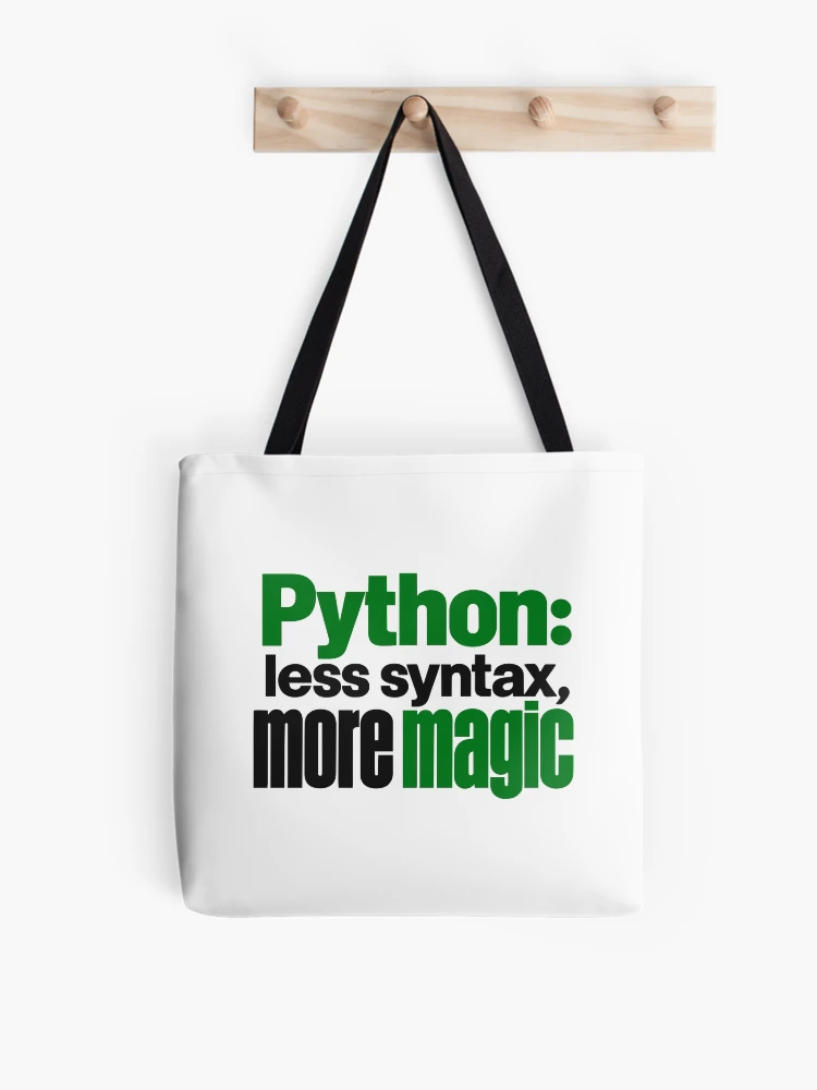 Thumbnail 1 of 2, Tote Bag, Python Less Syntax More Magic Funny Programmer Typography designed and sold by ThreadQuirk.