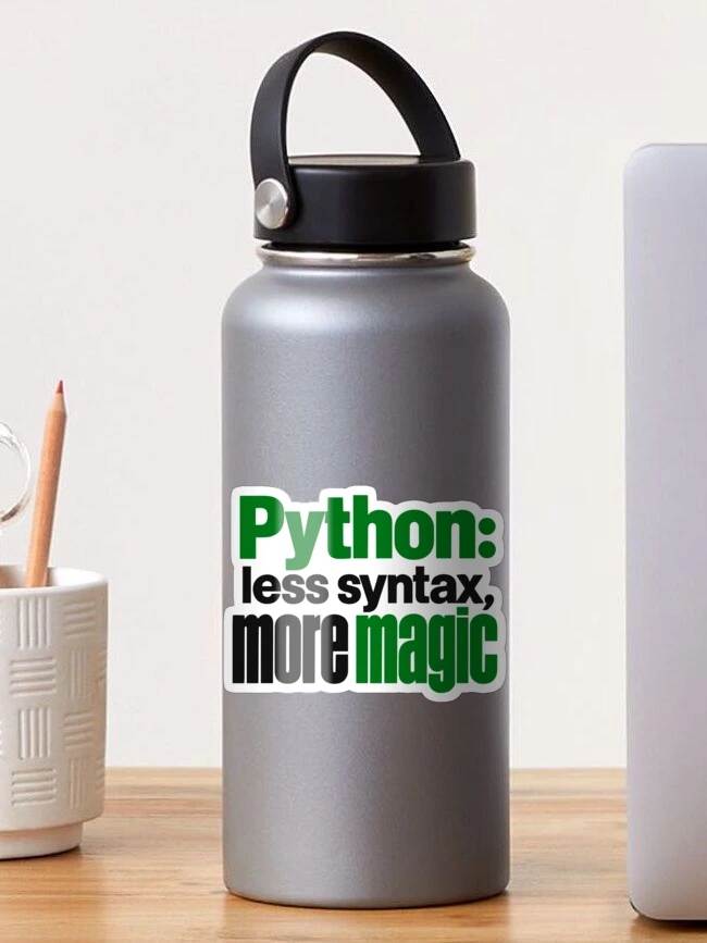 Thumbnail 1 of 3, Sticker, Python Less Syntax More Magic Funny Programmer Typography designed and sold by ThreadQuirk.