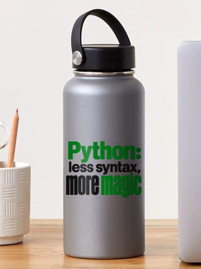 Thumbnail 1 of 3, Sticker, Python Less Syntax More Magic Funny Programmer Typography designed and sold by ThreadQuirk.