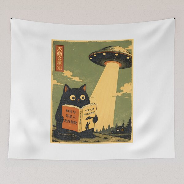 Item preview, Retro Cat Reading UFO Book Japanese Art designed and sold by empiric-designs.