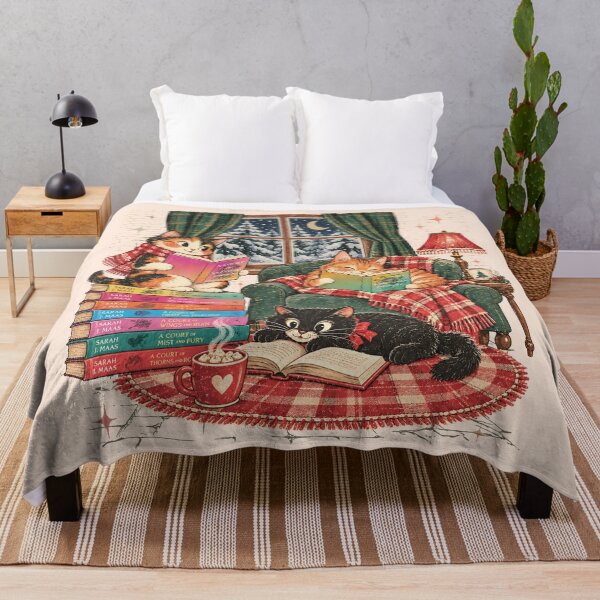 Aperçu de l'œuvre Chats de Noël vintage lisant ACOTAR créée et vendue par kjanedesigns.