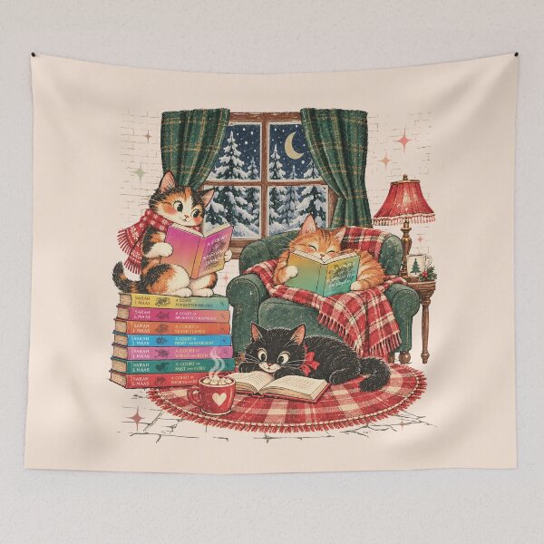 Item preview, Vintage Christmas Cats Reading ACOTAR designed and sold by kjanedesigns.