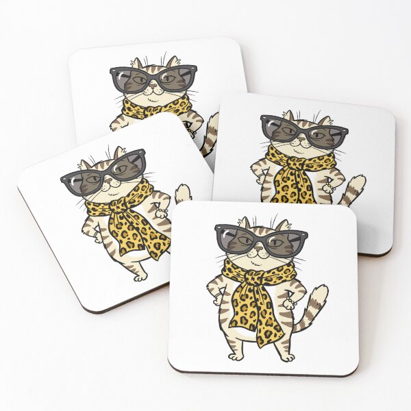 Item preview, Stylish cartoon cat with large sunglasses and a leopard print scarf, ideal for funny stickers and fashion items. designed and sold by ElegantOutlines.