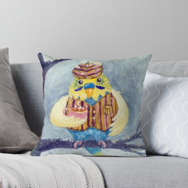 Item preview, Cozy Parrot in Vest and Beret Drinking Tea Gouache Painting designed and sold by OrPolly.