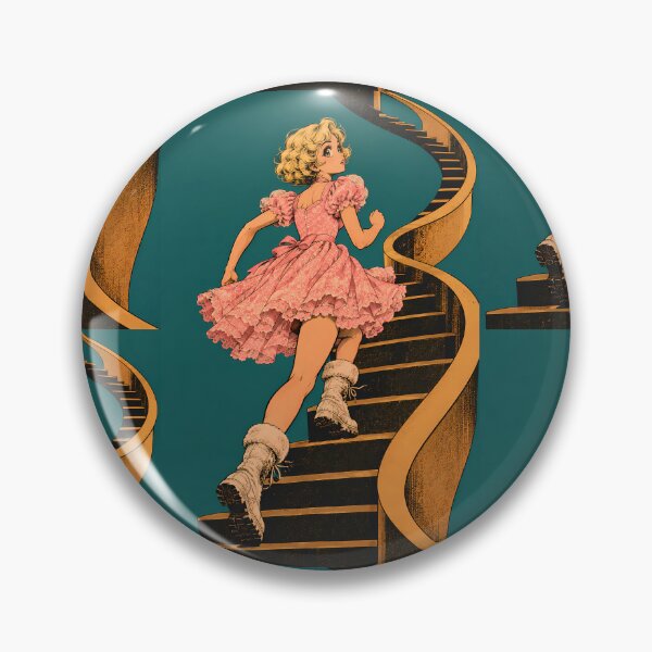 Item preview, a young blonde girl in a frilly pink dress running up a massive winding staircase against a solid dark teal background.  Retro anime or manga art style designed and sold by tarotstarostina.