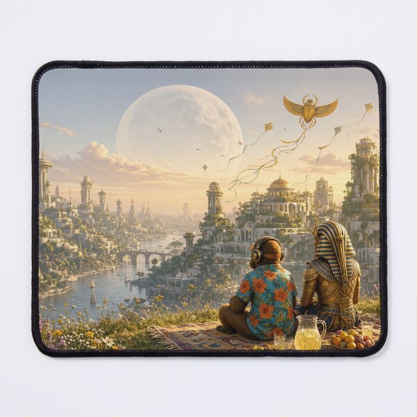 Item preview, Golden Kite Picnic - DJ Seldon and a Pharaoh Flying a Golden Scarab Kite over a Solarpunk City designed and sold by KGOart.
