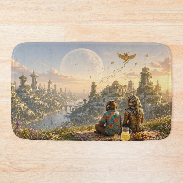 Item preview, Golden Kite Picnic - DJ Seldon and a Pharaoh Flying a Golden Scarab Kite over a Solarpunk City designed and sold by KGOart.