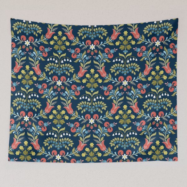 Item preview, Scandinavian Folk Floral Pattern on Navy Blue designed and sold by Sveta Aho.