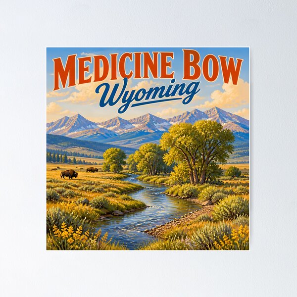 Item preview, Medicine Bow Wyoming – Vintage Mountain Stream Travel Poster designed and sold by LSVart.