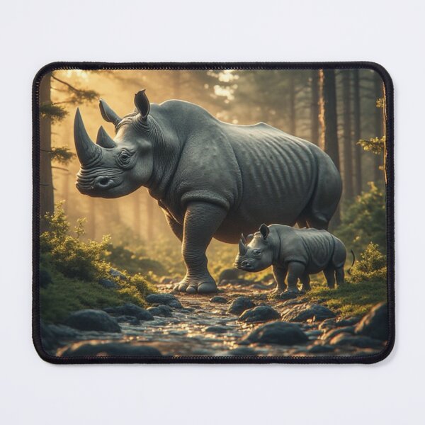 Item preview, Majestic Rhinoceros Mother and Baby Cub Pine Forest Art designed and sold by AWADHESH  CHAURASIA.