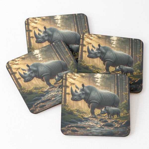 Item preview, Majestic Rhinoceros Mother and Baby Cub Pine Forest Art designed and sold by AWADHESH  CHAURASIA.