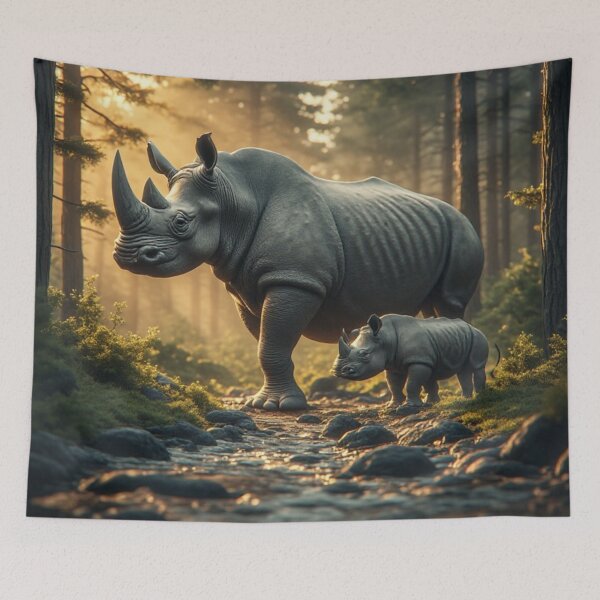 Item preview, Majestic Rhinoceros Mother and Baby Cub Pine Forest Art designed and sold by AWADHESH  CHAURASIA.