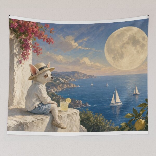 Item preview, Lemonade Moon - Joshi the White Chihuahua, with a lemonade on a white Mediterranean terrace designed and sold by KGOart.