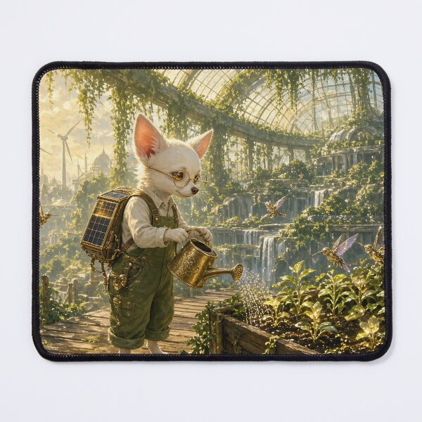 Item preview, Greenhouse Dreams - Joshi the White Chihuahua, the inventor watering seedlings in a greenhouse city designed and sold by KGOart.