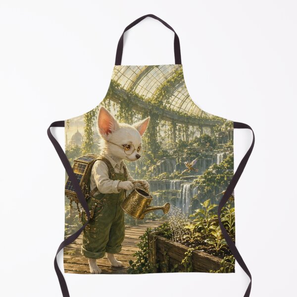 Item preview, Greenhouse Dreams - Joshi the White Chihuahua, the inventor watering seedlings in a greenhouse city designed and sold by KGOart.
