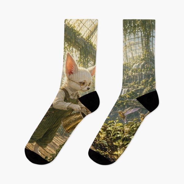 Item preview, Greenhouse Dreams - Joshi the White Chihuahua, the inventor watering seedlings in a greenhouse city designed and sold by KGOart.