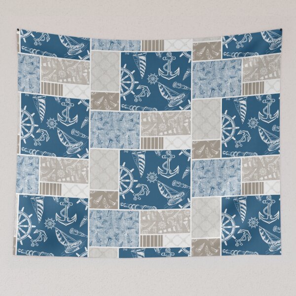 Item preview, Driftwood and Ocean Blue Quilt Design Nautical Charcoal Sketches Collection- Features Netting, Stripes, Nautical Items, and Lighthouse Designs designed and sold by PD-Coastal.
