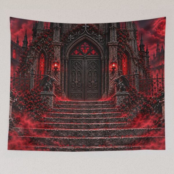 Item preview, Crimson Gothic Manor Grand Staircase – Haunted Mansion Backdrop designed and sold by TXLou.