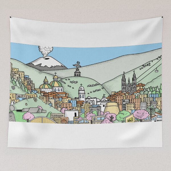 Item preview, Quito, Ecuador: Illustrated Cityscape and Cotopaxi Volcano - Illustration of Quito designed and sold by RebecaZum.