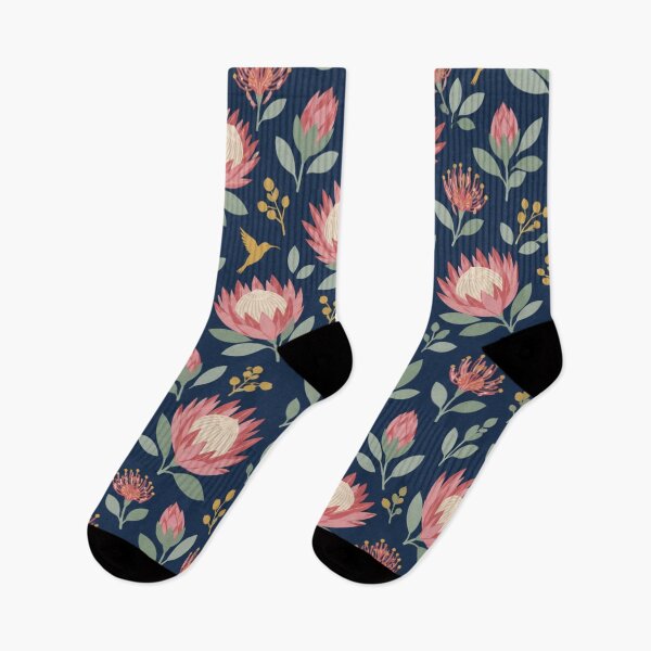 Item preview, King Protea Floral Pattern | South African Proteas, Pincushion Blooms, Silver Leaves and Sunbirds on Navy designed and sold by StickyGuys.