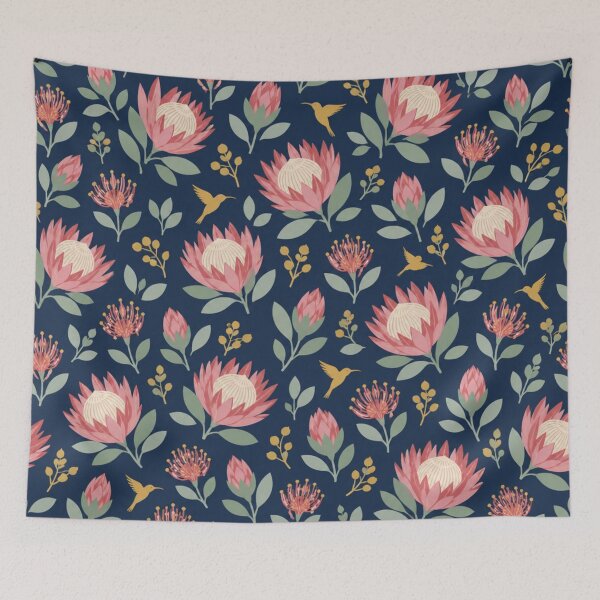 Item preview, King Protea Floral Pattern | South African Proteas, Pincushion Blooms, Silver Leaves and Sunbirds on Navy designed and sold by StickyGuys.