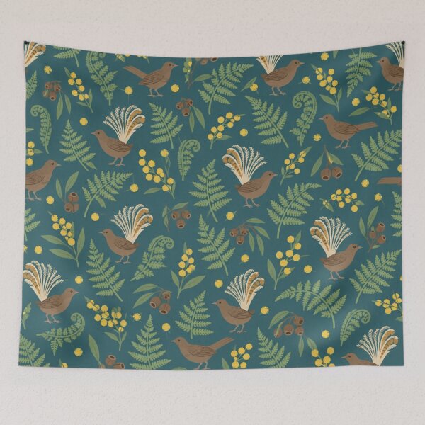 Item preview, Lyrebird Australian Bird Pattern | Superb Lyrebirds, Tree Ferns, Wattle and Gum Nuts on Teal designed and sold by StickyGuys.