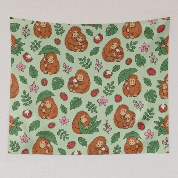 Item preview, Sumatran Orangutan Jungle Pattern | Orangutans with Leaf Umbrellas, Babies, Rambutans and Orchids designed and sold by StickyGuys.