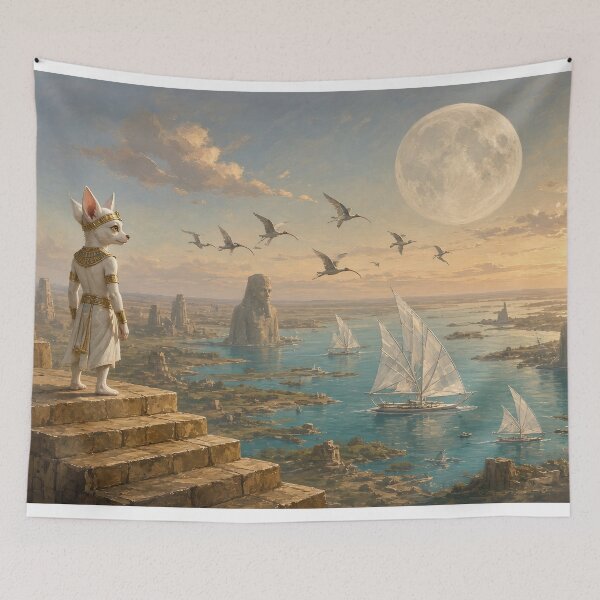 Item preview, Prince of the Nile - Joshi the White Chihuahua, the young king above a turquoise river designed and sold by KGOart.