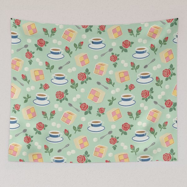Item preview, Battenberg Cake Afternoon Tea Pattern | Pink and Yellow Cake Slices, Teacups, Sugar Cubes and Roses designed and sold by StickyGuys.