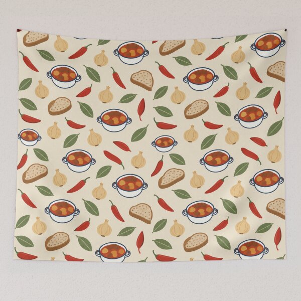 Item preview, Goulash Hungarian Kitchen Pattern | Paprika Stew Bowls, Dried Peppers, Onions, Bay Leaves and Bread designed and sold by StickyGuys.