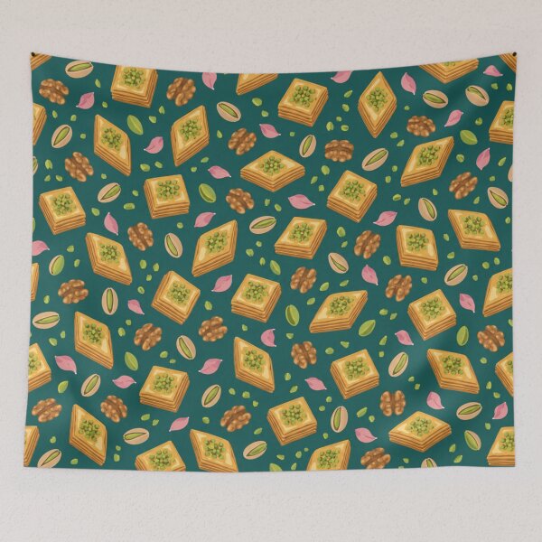 Item preview, Baklava Pastry Pattern | Pistachio Baklava Diamonds, Walnuts and Rose Petals on Deep Teal designed and sold by StickyGuys.