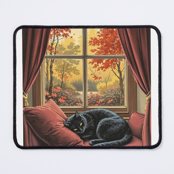 Item preview, Black Cat on the Burgundy Window Seat, Cosy Autumn designed and sold by GildedFolio.
